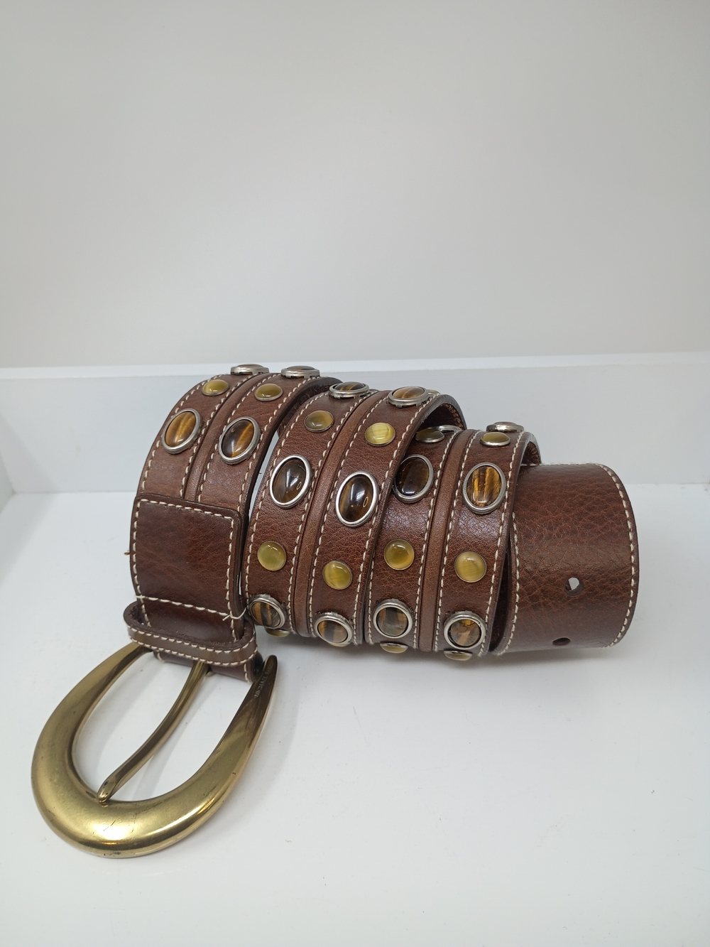 Michaels Kors Brown Leather Belt, Brass Buckle with Stud Accents - Picture 2 of 13